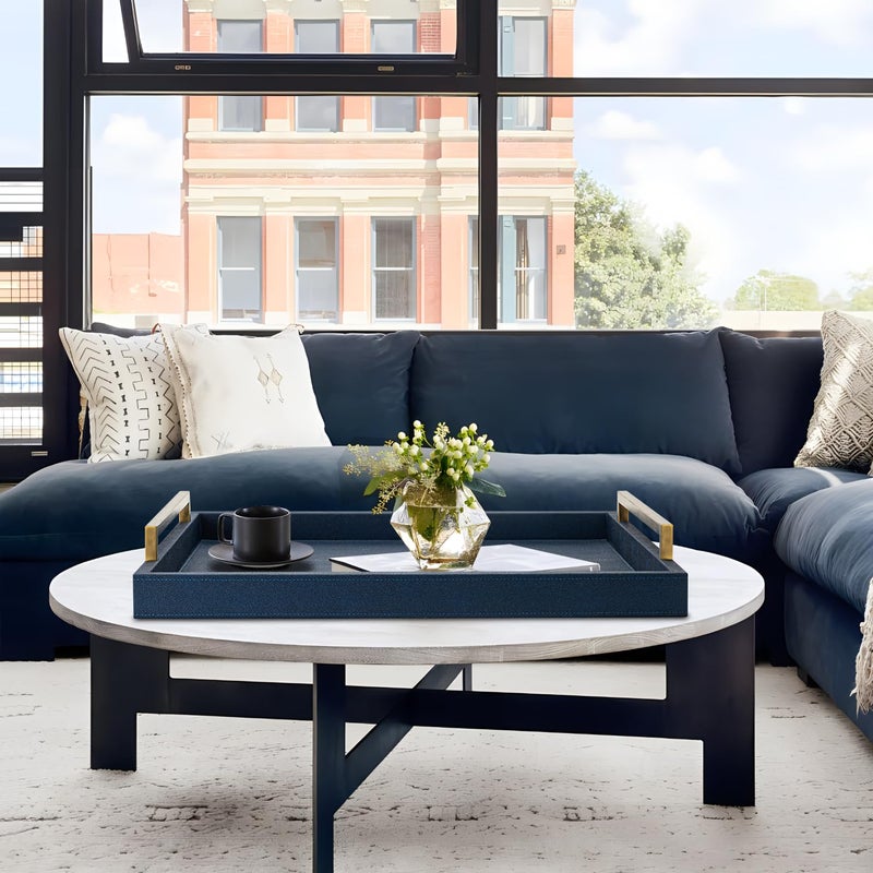 XIGEXIGE Large Navy Blue Decorative Tray for Ottoman,Stylish Rectangle Coffee Table Tray with Handles,Versatile Serving Tray for Living Room and Home Decor - Image 5