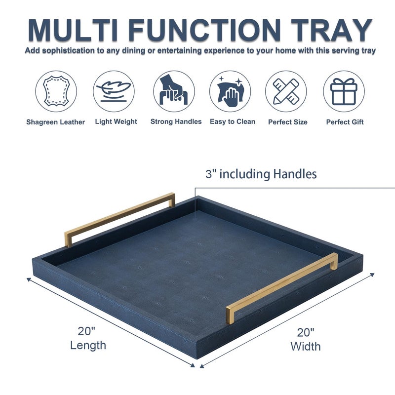 XIGEXIGE Large Navy Blue Decorative Tray for Ottoman,Stylish Rectangle Coffee Table Tray with Handles,Versatile Serving Tray for Living Room and Home Decor - Image 3