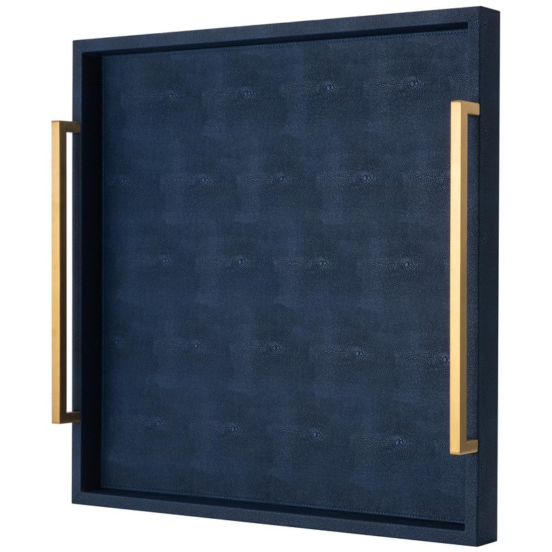 XIGEXIGE Large Navy Blue Decorative Tray for Ottoman,Stylish Rectangle Coffee Table Tray with Handles,Versatile Serving Tray for Living Room and Home Decor - Image 1