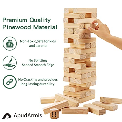 ApudArmis 54 PCS Tumble Timber Set Up to 32FT Pine Wooden Tumble Tower Game with Dice and Scoreboard Set Classic Block Stacking Board Game for Teens Adults - Image 5