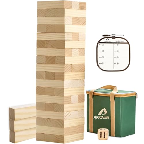 ApudArmis 54 PCS Tumble Timber Set Up to 32FT Pine Wooden Tumble Tower Game with Dice and Scoreboard Set Classic Block Stacking Board Game for Teens Adults - Image 1