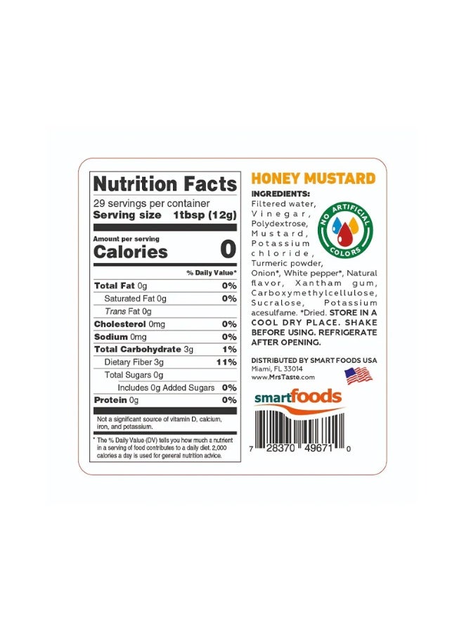 Mrs Taste Sugar Free Honey Mustard, Zero Calories, Zero Sodium, Zero Sugar, High Fiber, Keto Friendly, Paleo Friendly, Condiments and Sauces (12 oz, Honey Mustard) - Image 2