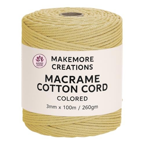 Makemore Creations Macrame Cotton Cord - Colored 3mm Dori,100m Length Soft Cotton Rope for Wall Hanging, Plant Hanger, Macrame Coasters, Weaving, Dream Catchers & DIY Craft Projects (Light Yellow) - Image 1