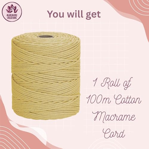 Makemore Creations Macrame Cotton Cord - Colored 3mm Dori,100m Length Soft Cotton Rope for Wall Hanging, Plant Hanger, Macrame Coasters, Weaving, Dream Catchers & DIY Craft Projects (Light Yellow) - Image 2