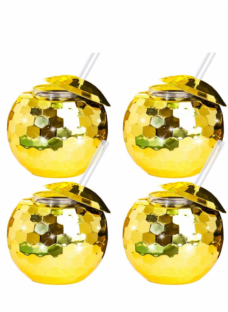 Excefore - Disco Ball Cups 4 Pieces Tumbler Flash Drinks Cup with Lid and Straw Party Supplies Drink Syrup Tea Bottle, for Decorations (Gold) - Image 1