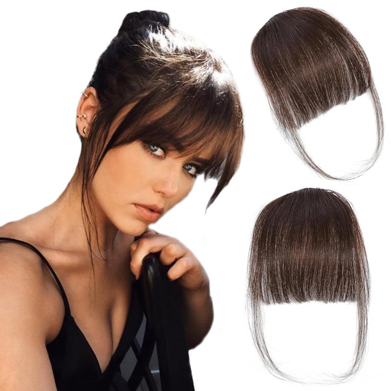 ORIGEN Clip in Bangs Real Human Hair Clip on Wispy Bangs Fringe with Temples Hairpieces Fake Front Bangs Extensions for Women Dark Brown Color - Image 1