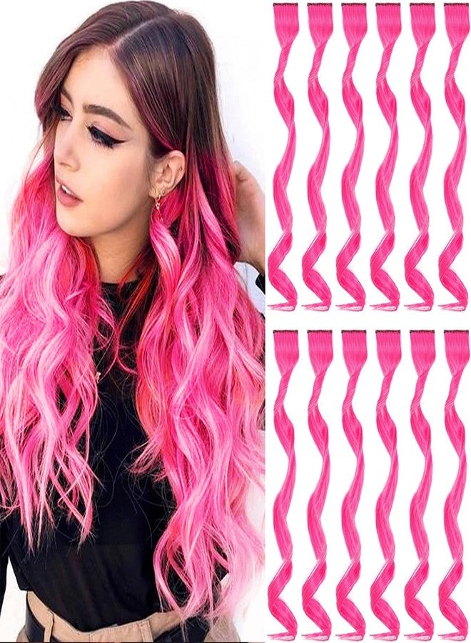 GPOVVIMX 12 PCS Hot Pink Hair Extensions Clip in, Curly Wavy Colored Extension for Kids Girls - Party Highlights Synthetic Hairpiece 17 inch - Image 1