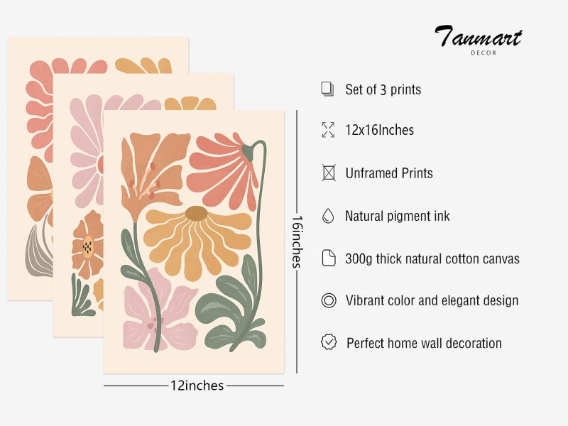 Tanmart Boho Flower Wall Art Decor Abstract Floral Canvas Prints Botanical Plant Wall Art Pictures Minimalist Flower Market Painting Poster for Living foom Bedroom 12x16 Inch Unframed Set of 3 - Image 2