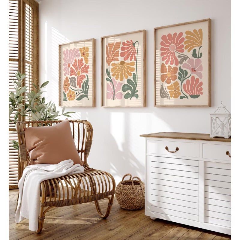 Tanmart Boho Flower Wall Art Decor Abstract Floral Canvas Prints Botanical Plant Wall Art Pictures Minimalist Flower Market Painting Poster for Living foom Bedroom 12x16 Inch Unframed Set of 3 - Image 1