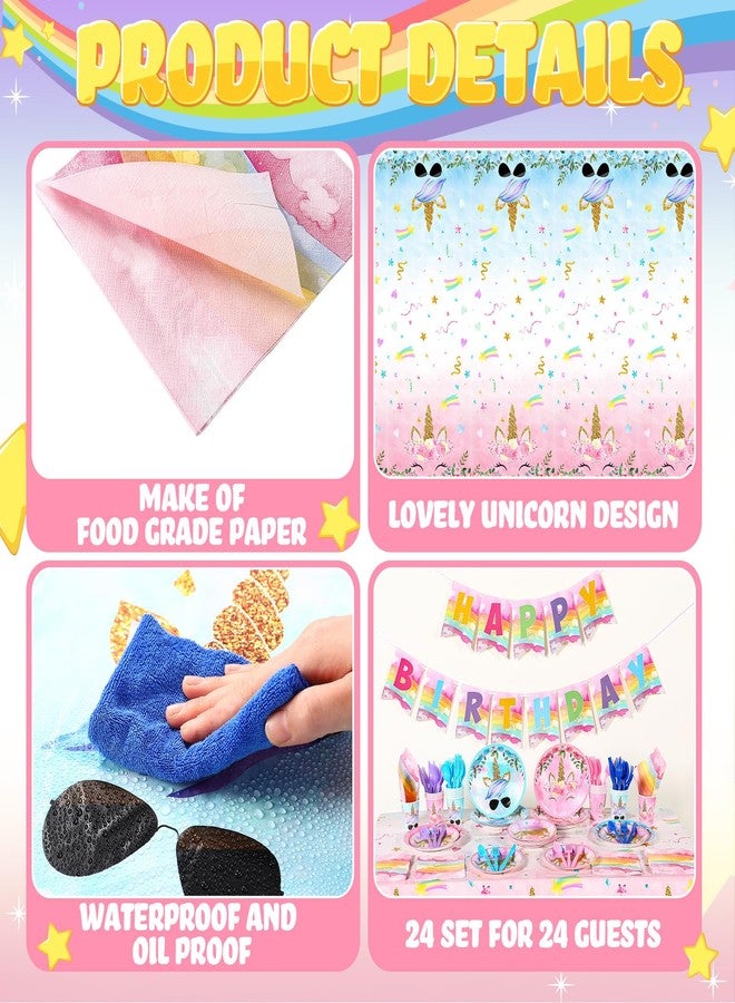 Sliner 171 Pcs Unicorn Birthday Party Supplies Tableware Kit Include Plates Cups Knives Forks Spoons Napkins Tablecloths and Banner for Birthday Unicorn Party Decorations, Serve 24 Guests - Image 5