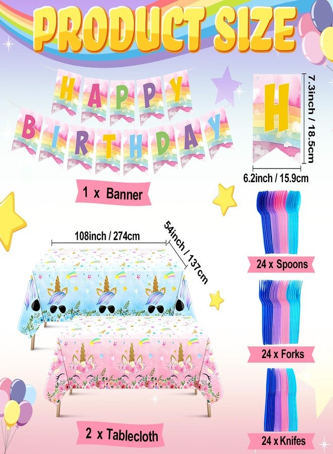 Sliner 171 Pcs Unicorn Birthday Party Supplies Tableware Kit Include Plates Cups Knives Forks Spoons Napkins Tablecloths and Banner for Birthday Unicorn Party Decorations, Serve 24 Guests - Image 4