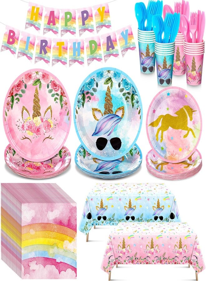 Sliner 171 Pcs Unicorn Birthday Party Supplies Tableware Kit Include Plates Cups Knives Forks Spoons Napkins Tablecloths and Banner for Birthday Unicorn Party Decorations, Serve 24 Guests - Image 1