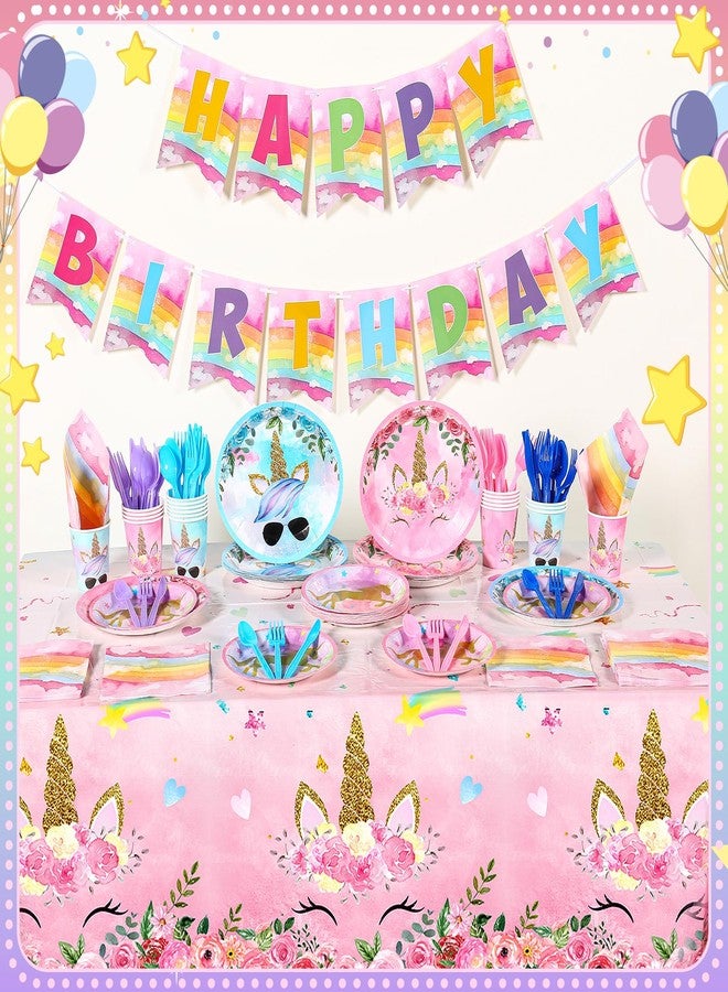 Sliner 171 Pcs Unicorn Birthday Party Supplies Tableware Kit Include Plates Cups Knives Forks Spoons Napkins Tablecloths and Banner for Birthday Unicorn Party Decorations, Serve 24 Guests - Image 2