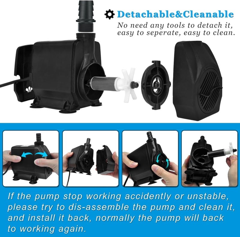 PULACO Large Flow: 800GPH（3000L/H）Submersible Pump with 6.5 ft Tubing, 45Watt Durable Fountain Water Pump With 4 Nozzles For Above 80 gallons Fish Tank or Pond - Image 5
