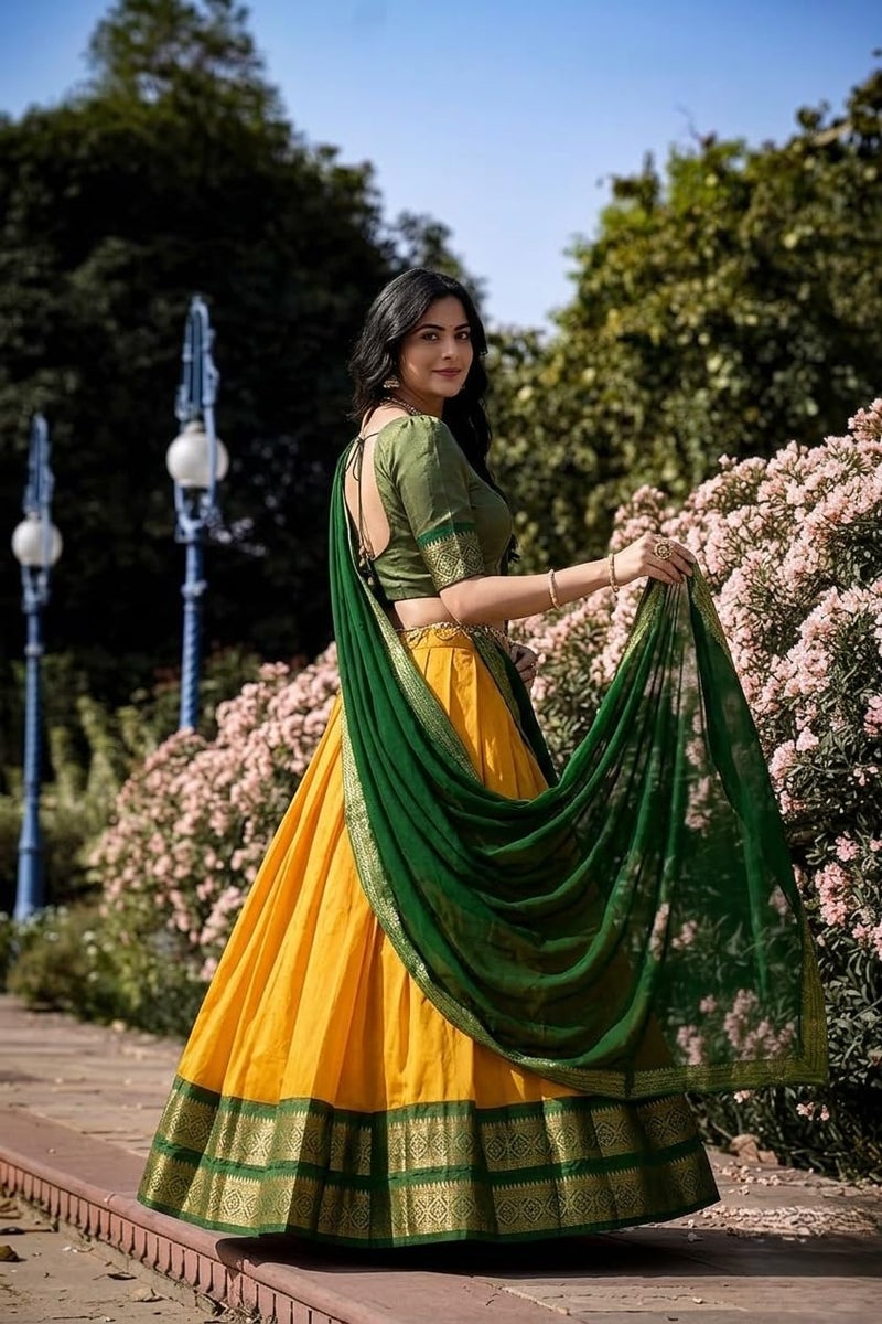 LooknBook Art Women's Solid Pattern Cotton Silk Blend Lehenga Choli Dupatta Set with Unstitched Blouse Piece and Zari Weave Type - Image 5