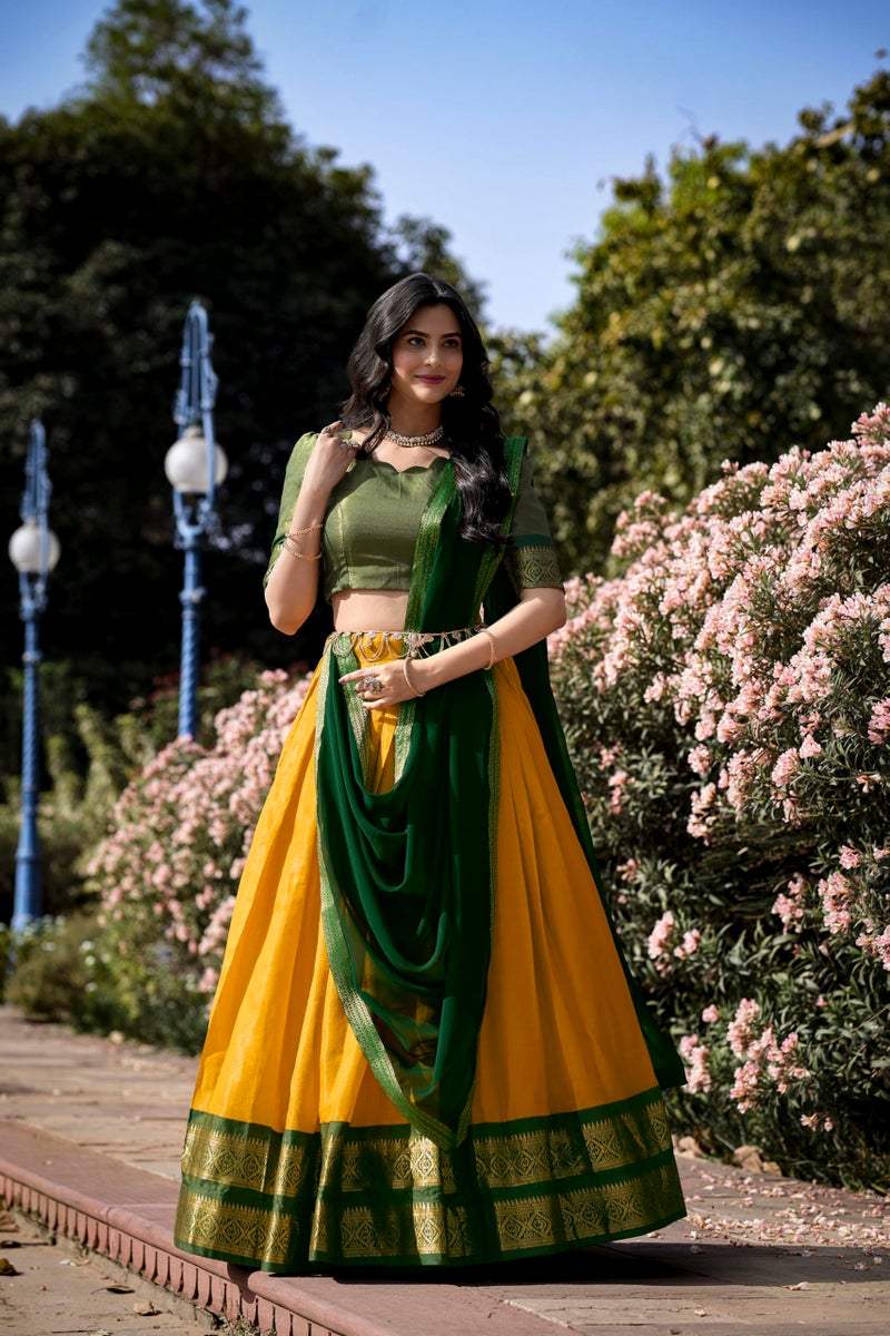 LooknBook Art Women's Solid Pattern Cotton Silk Blend Lehenga Choli Dupatta Set with Unstitched Blouse Piece and Zari Weave Type - Image 4
