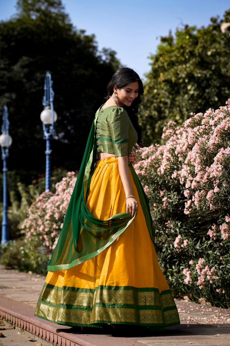 LooknBook Art Women's Solid Pattern Cotton Silk Blend Lehenga Choli Dupatta Set with Unstitched Blouse Piece and Zari Weave Type - Image 2
