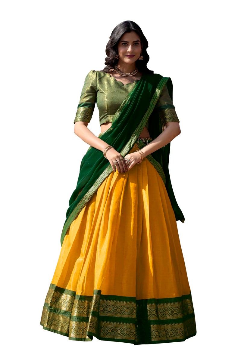 LooknBook Art Women's Solid Pattern Cotton Silk Blend Lehenga Choli Dupatta Set with Unstitched Blouse Piece and Zari Weave Type - Image 1