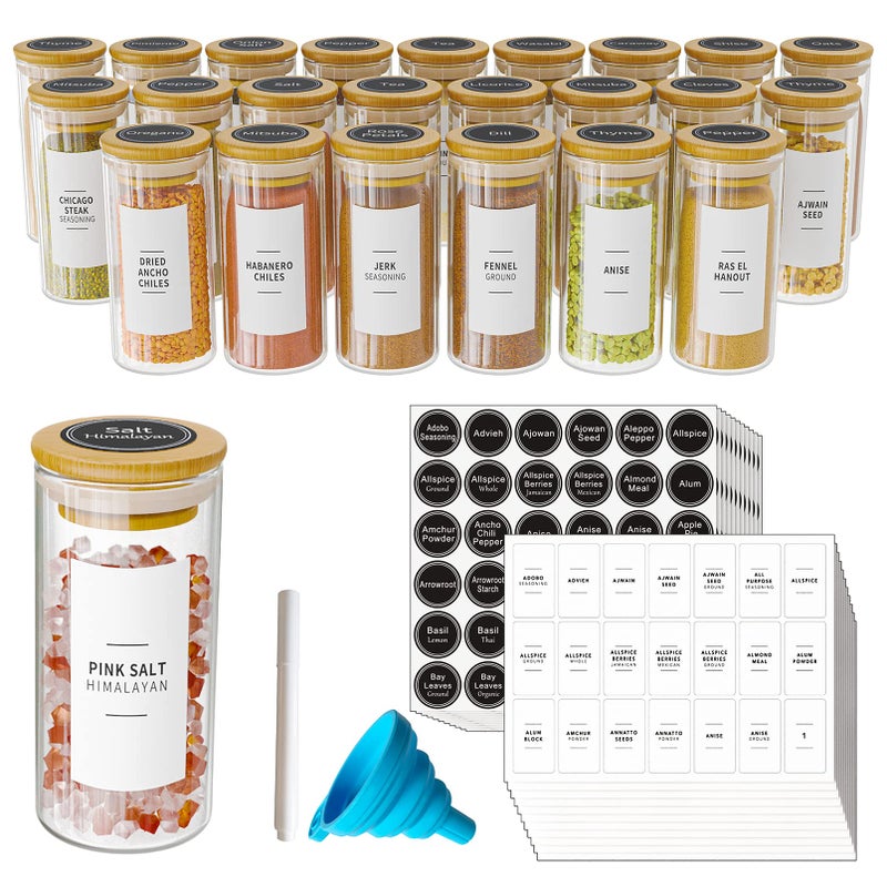 SpaceAid SpaceAid 24 Pcs Spice Jars with Bamboo Lids and Labels Empty 4oz Glass Bottles Minimalist Farmhouse Stickers with Funnel Seasoning Containers for Spice Rack Cabinet and Drawer