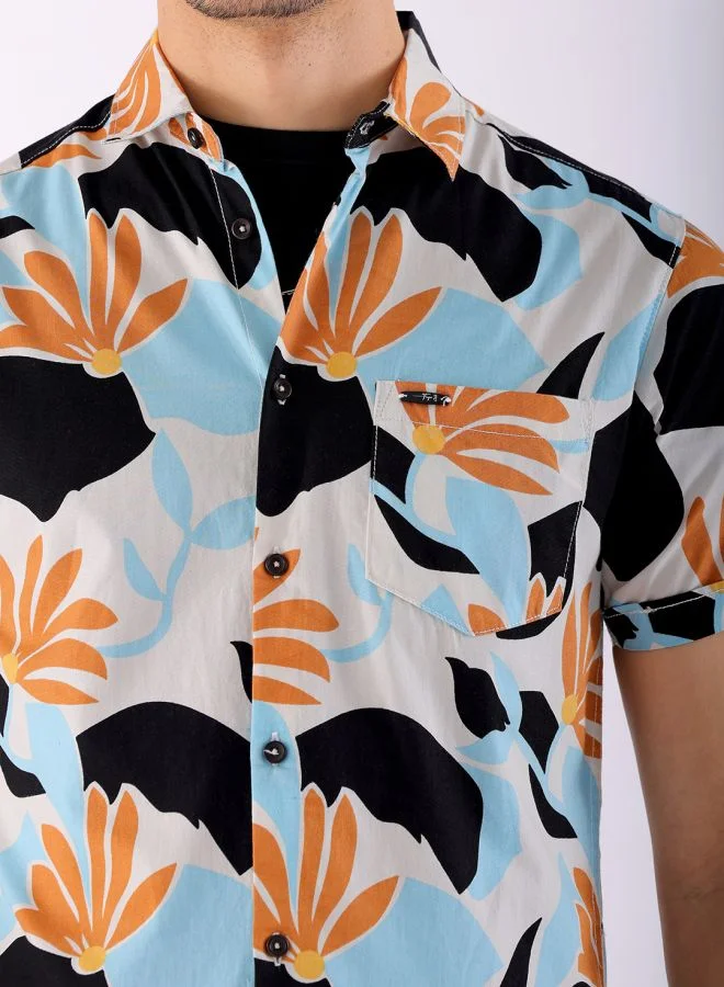 The Indian Garage Co Men Slim Fit Floral Printed Half Sleeves Spread Collar Resort Wear Shirt