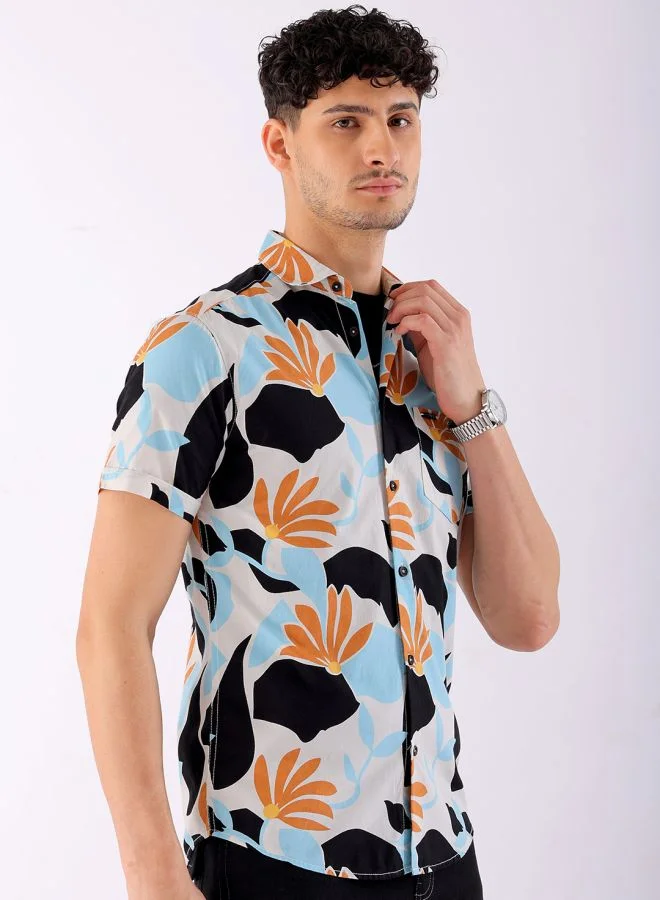 The Indian Garage Co Men Slim Fit Floral Printed Half Sleeves Spread Collar Resort Wear Shirt