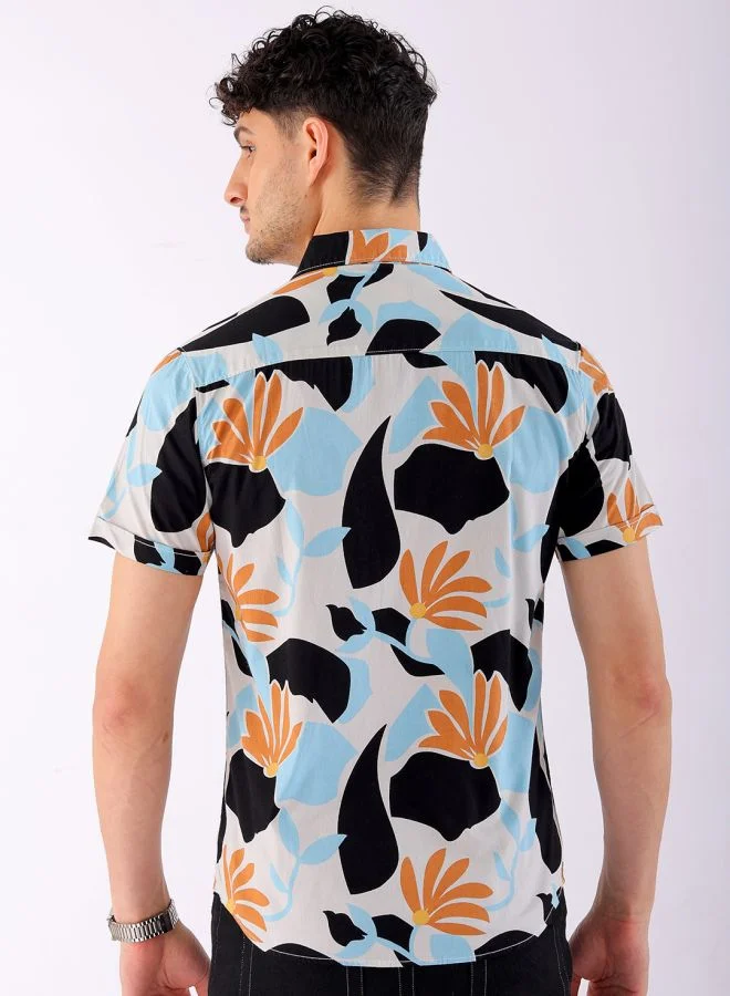 The Indian Garage Co Men Slim Fit Floral Printed Half Sleeves Spread Collar Resort Wear Shirt