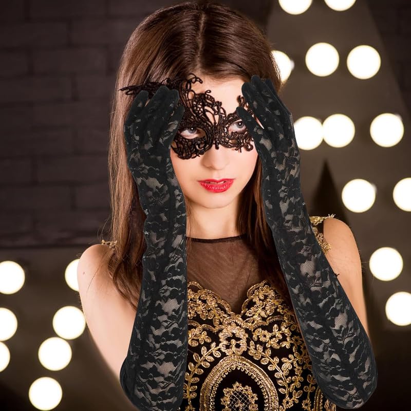 KETKAR Elbow Length Bridal Gloves For Women,Elegant Long Lace Gloves,_Black - Image 3