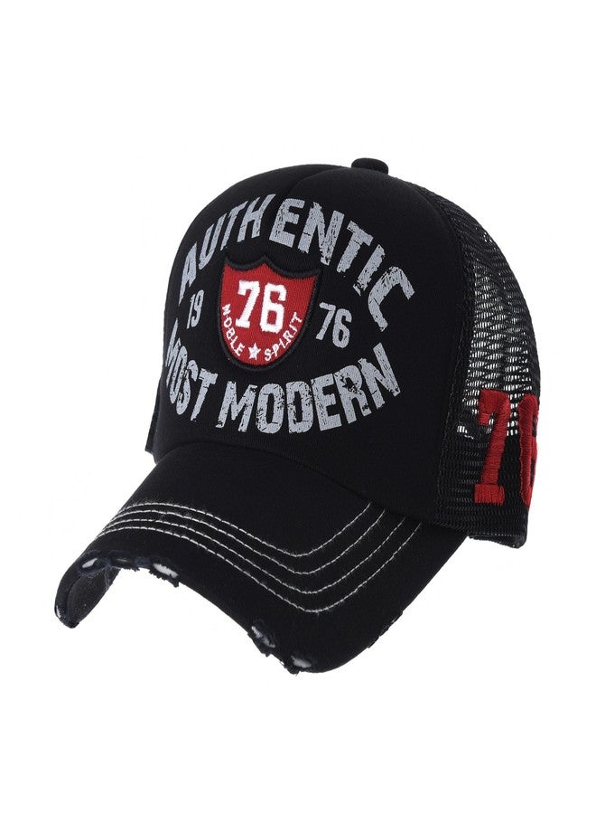 WITHMOONS Vintage Baseball Cap Meshed Distressed Trucker Hat KR1627 (Black) - Image 1
