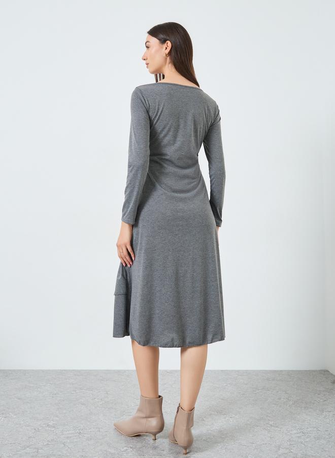 Take Two Grey Ruffled Hem Heart Metal Front Midi Dress - Image 5
