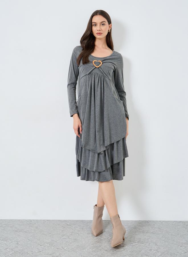 Take Two Grey Ruffled Hem Heart Metal Front Midi Dress - Image 3