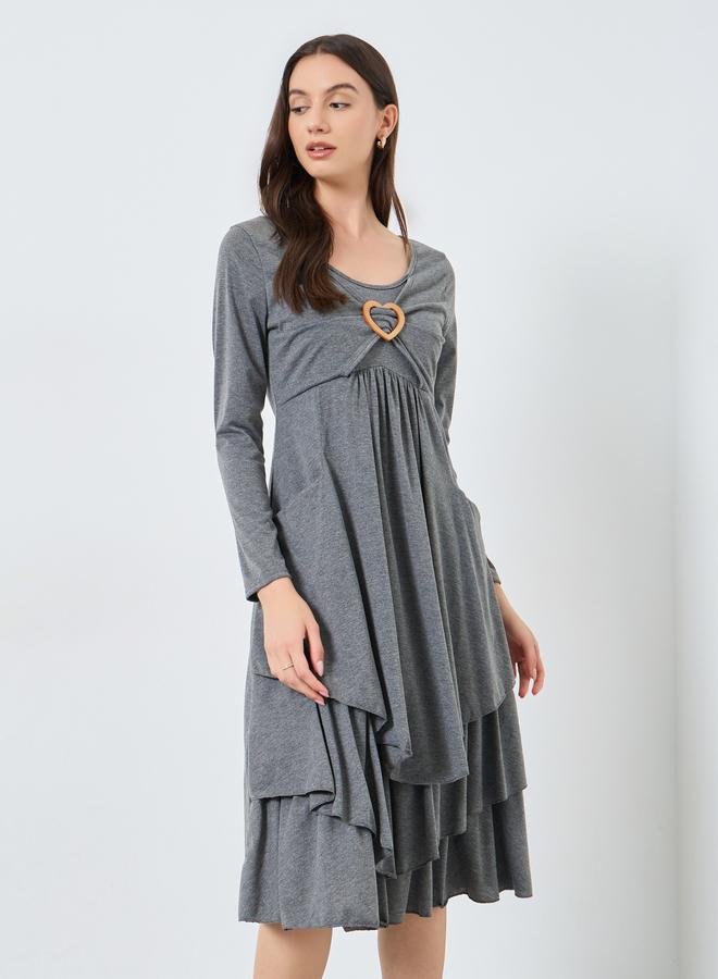 Take Two Grey Ruffled Hem Heart Metal Front Midi Dress - Image 2