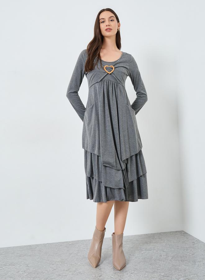 Take Two Grey Ruffled Hem Heart Metal Front Midi Dress - Image 1