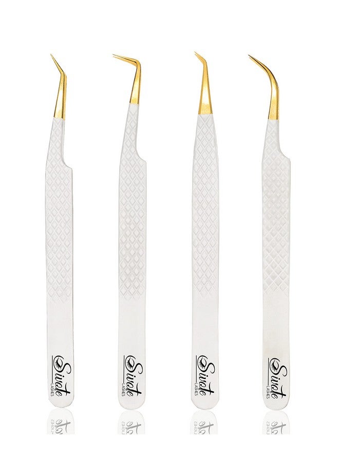 SIVOTE Fiber Tip Volume Lash Tweezers For Eyelash Extensions With Diamond Grip, Set Of 4, White - Image 1