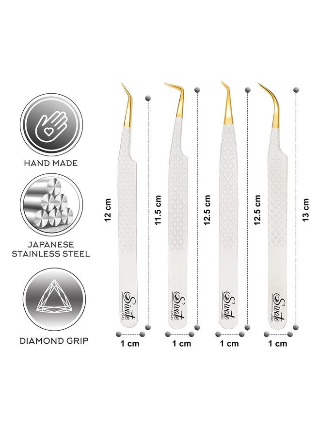 SIVOTE Fiber Tip Volume Lash Tweezers For Eyelash Extensions With Diamond Grip, Set Of 4, White - Image 4