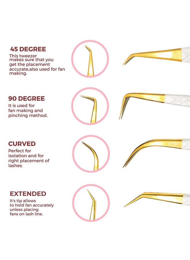 SIVOTE Fiber Tip Volume Lash Tweezers For Eyelash Extensions With Diamond Grip, Set Of 4, White - Image 5