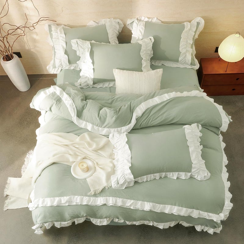 CCoutueChen Green Ruffle Duvet Cover Queen 3Pcs Shabby Chic Farmhouse Bedding Set Girls 100% Washed Microfiber Duvet Cover Set Boho Vintage Ruffled Bedding with 2 Pillowcases(No Comforter) - Image 2