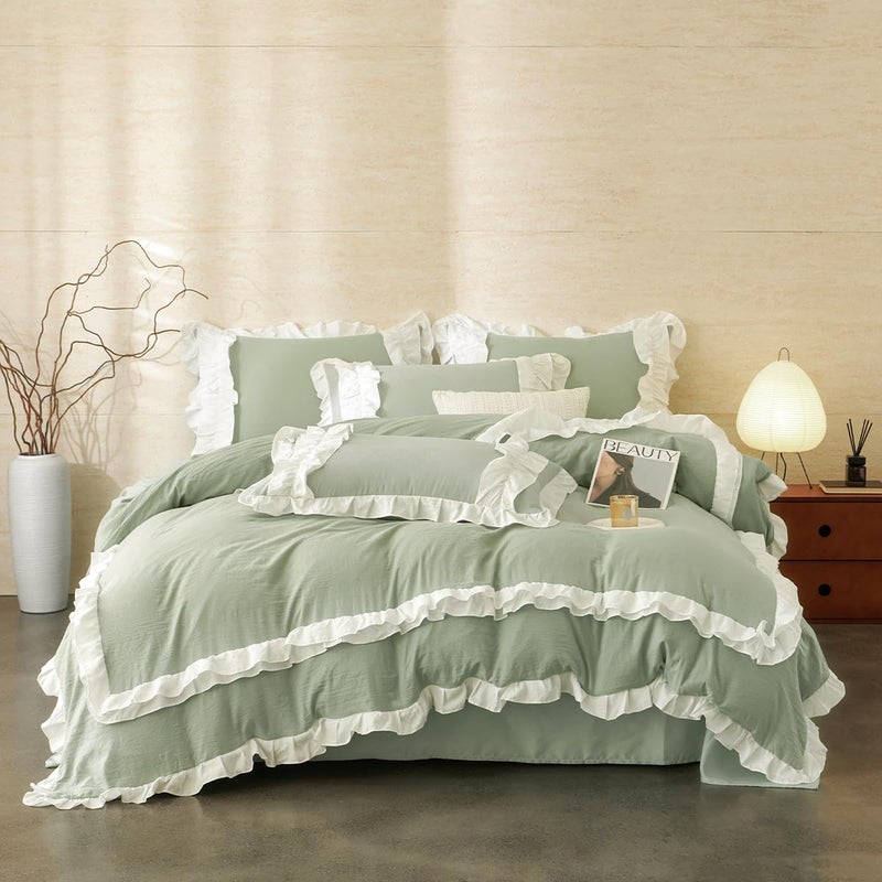 CCoutueChen Green Ruffle Duvet Cover Queen 3Pcs Shabby Chic Farmhouse Bedding Set Girls 100% Washed Microfiber Duvet Cover Set Boho Vintage Ruffled Bedding with 2 Pillowcases(No Comforter) - Image 3