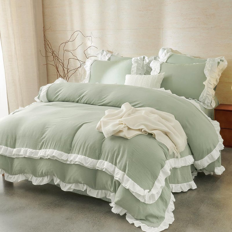 CCoutueChen Green Ruffle Duvet Cover Queen 3Pcs Shabby Chic Farmhouse Bedding Set Girls 100% Washed Microfiber Duvet Cover Set Boho Vintage Ruffled Bedding with 2 Pillowcases(No Comforter) - Image 1