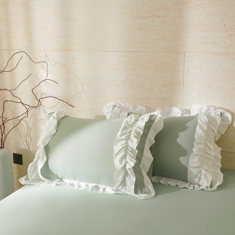 CCoutueChen Green Ruffle Duvet Cover Queen 3Pcs Shabby Chic Farmhouse Bedding Set Girls 100% Washed Microfiber Duvet Cover Set Boho Vintage Ruffled Bedding with 2 Pillowcases(No Comforter) - Image 5