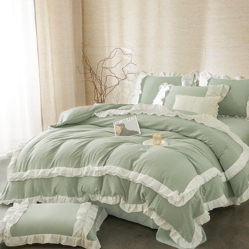 CCoutueChen Green Ruffle Duvet Cover Queen 3Pcs Shabby Chic Farmhouse Bedding Set Girls 100% Washed Microfiber Duvet Cover Set Boho Vintage Ruffled Bedding with 2 Pillowcases(No Comforter) - Image 4
