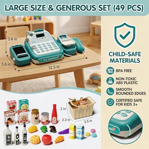STACTCUTE 49Pcs Cash Register Toy Set for Kids Pretend Play Grocery Store Cashier Playset with Conveyor Belt Scanner Weighing Scale Calculator Microphone Toys Gift for Toddlers Ages 38 Green - Image 5