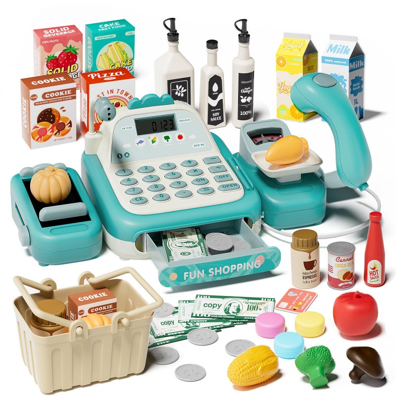 STACTCUTE 49Pcs Cash Register Toy Set for Kids Pretend Play Grocery Store Cashier Playset with Conveyor Belt Scanner Weighing Scale Calculator Microphone Toys Gift for Toddlers Ages 38 Green - Image 2