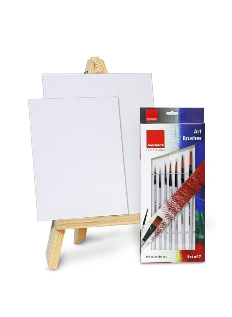 Isomers Isomars Artist Wooden Easel 18" with Round Brush Set of 7 & Canvas Boards - 8"x10", 10"x12" - Image 1