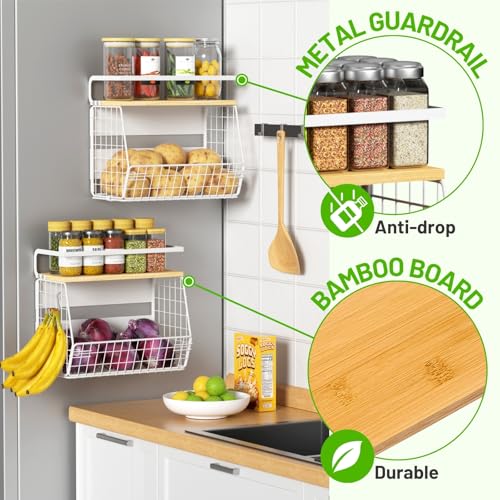 Ofiray-home Magnetic Fridge Shelf with Wood Lid, Fruit Potato Onion Storage Bins, Pantry Organizers, Large Container Spice Rack for Refrigerator, Kitchen Counter, Cabinet (2, White) - Image 2