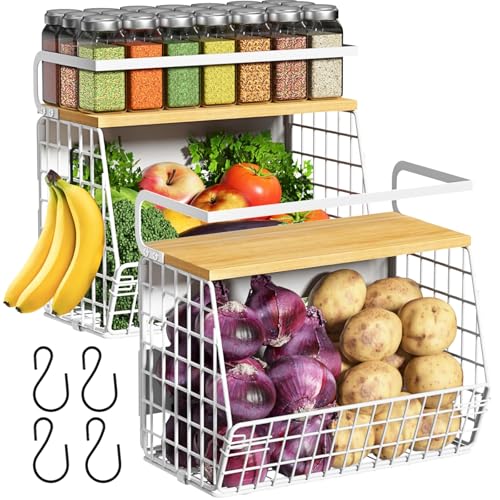 Ofiray-home Magnetic Fridge Shelf with Wood Lid, Fruit Potato Onion Storage Bins, Pantry Organizers, Large Container Spice Rack for Refrigerator, Kitchen Counter, Cabinet (2, White) - Image 1