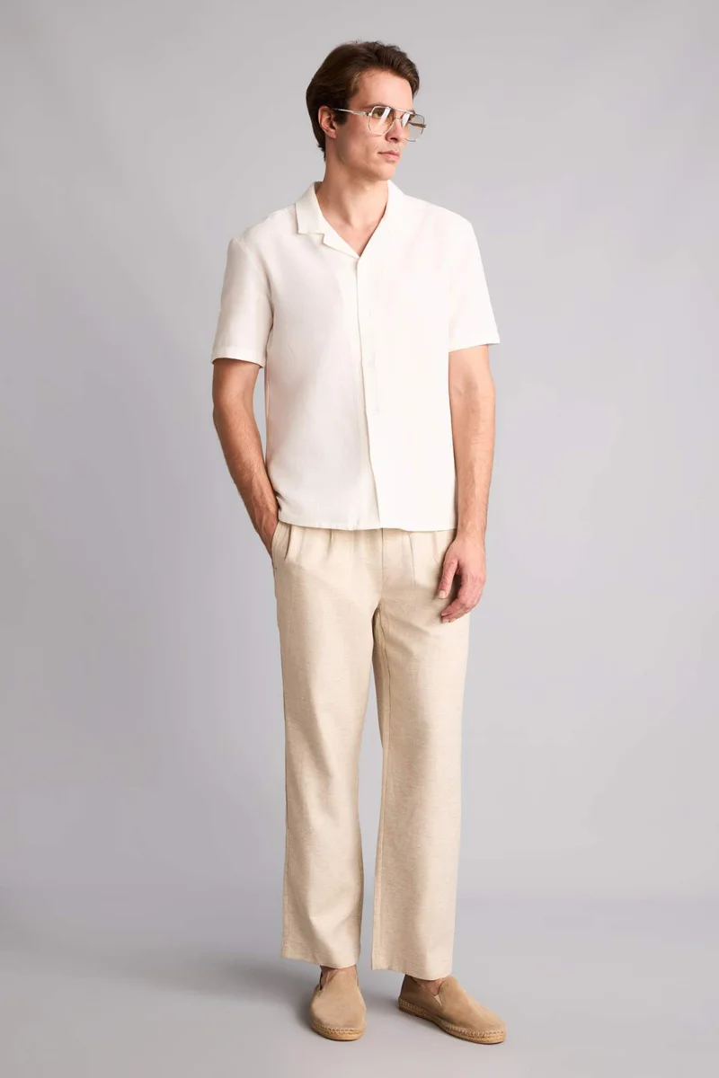 ديفاكتو Straight Fit Elastic Waist Linen Beige Trousers