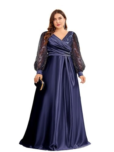 XUIBOL Plus Size Women's Sequin Patchwork Long Sleeve Evening Party Dress Dark Blue 16 - Image 1