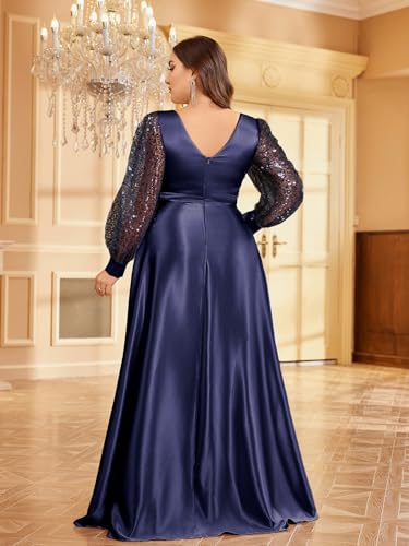 XUIBOL Plus Size Women's Sequin Patchwork Long Sleeve Evening Party Dress Dark Blue 16 - Image 2