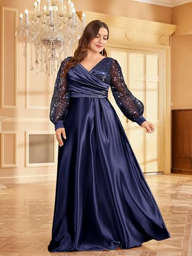 XUIBOL Plus Size Women's Sequin Patchwork Long Sleeve Evening Party Dress Dark Blue 16 - Image 5