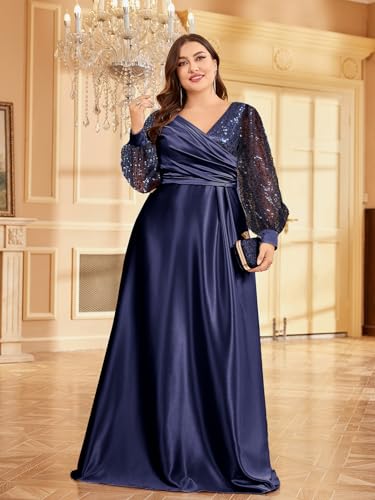 XUIBOL Plus Size Women's Sequin Patchwork Long Sleeve Evening Party Dress Dark Blue 16 - Image 3